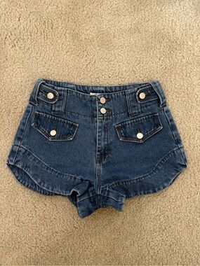 Elan Dark Blue High-Rise Denim Shorts with Front Flap Pockets